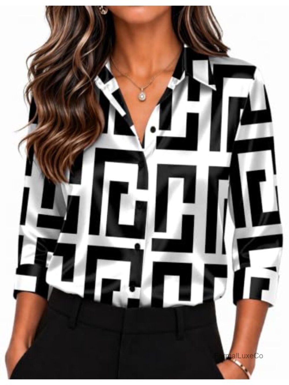 Satin Button Down Blouse 3/4 Sleeve Collared Dressy Work Top